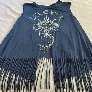 Blue Fringe Sleeveless Top with Sun and Moon Design Size 2X Plus